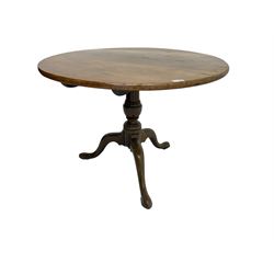 19th century mahogany pedestal table, circular tilt-top, raised on turned vasiform column with cabriole supports