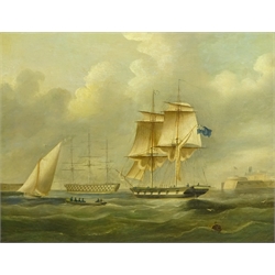  English School (19th century): British Men o' War in Harbour, oil on canvas laid on panel unsigned 49cm x 59cm  