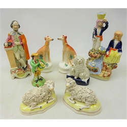  Victorian and later Staffordshire figures Couple fishing in Turkish dress, Shakespeare leaning on a pedestal, H21cm, pair Greyhounds with rabbit, Poodle group, pair Sheep etc (8)  