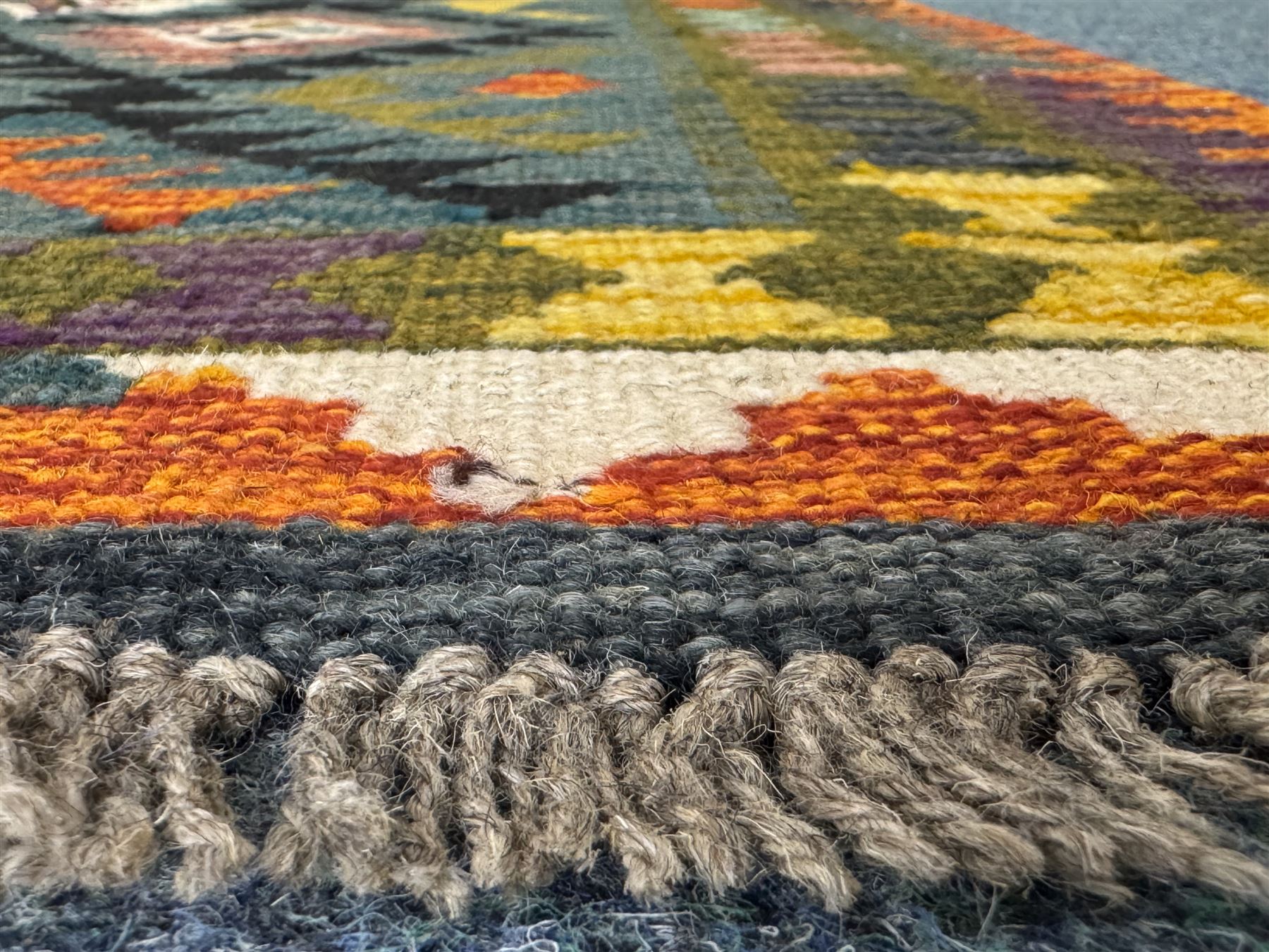 Afghan Maimana Kilim flatweave rug, teal ground with a vibrant multicoloured diamond lattice, framed by stylised border motifs and finished with fringed edges