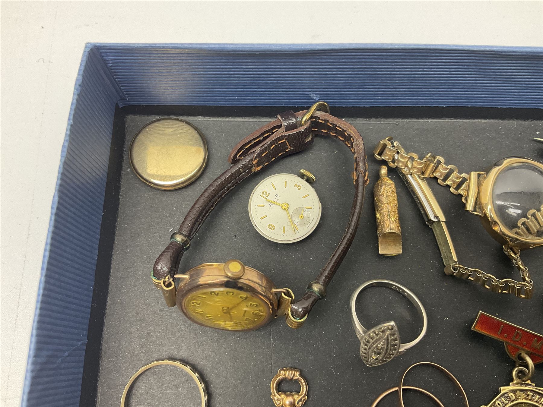 Victorian and later 9ct gold jewellery including glazed photo pendant, three gold cased wristwatches, signet ring and a cameo brooch, all hallmarked and silver jewellery including fobs, wristwatch, brooches and rings etc 
