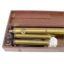 19th century brass library telescope by Chadburn Bros. Sheffield, with two lenses and folding tripod stand, contained within a mahogany case