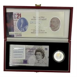 Three The Royal Mint and Bank of England silver proof five pound coin and banknote sets, comprising Kentfield ten pounds 'PW50' with 1998 five pound coin, Kentfield twenty pounds 'YR19' with 2000 five pound coin and Lowther twenty pounds 'YR20' with 2000 five pound coin, all cased with certificate