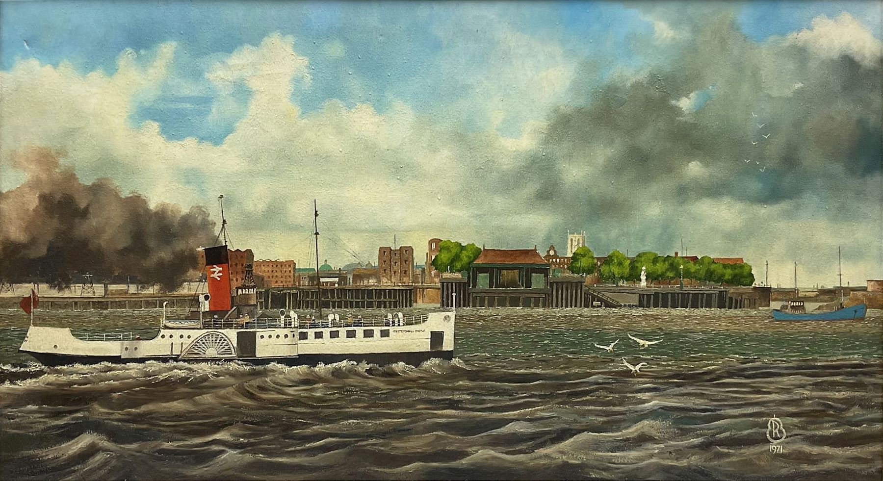 Richard Pearson (British 20th Century): Tattershall Castle Ferry on the Humber, oil on canvas signed with monogram dated 1971, 49cm x 88cm
