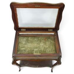 Louis XV style rosewood and marquetry bijouterie table,  glazed hinged top within a floral marquetry border and gilt metal moulded edge, above glazed sides and a baize lined interior, raised on cabriole legs with gilt metal mounts and sabots, united by an undertier