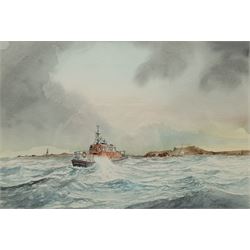 David C Bell (British 1950-): 'Alderney Lifeboat 3308' off the Coast, watercolour signed and dated 1985, 24cm x 35cm