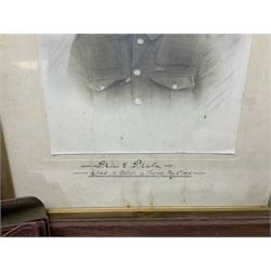 Framed picture of gentleman in military dress, 'killed in action in France' May 3rd 1915, two antique spirit levels, coins in a leather case and other collectables
