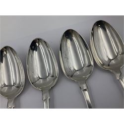 George IV Scottish silver Kings pattern cutlery for six place settings, to include table spoons, table forks, dessert spoons and dessert forks, all engraved with shamrock crest to terminal, hallmarked Robert Gray & Son, Glasgow 1833