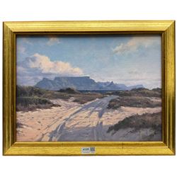 Hannes Meintjes (South African 1944-): Road towards the Mountains,  oil on canvas mounted on board signed 29cm x 49xm 