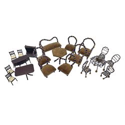 Quantity of early 20th century doll's house furniture comprising Victorian style beadwork and upholstered eight-piece salon suite; beadwork dining table with four matching chairs; and Kleeware brown plastic seven-piece dining suite