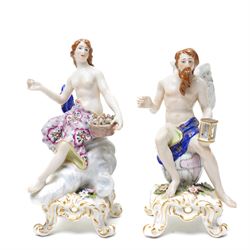 *18th century Chelsea porcelain vase, c1756-1759, with moulded floral decoration, with reserve panels of birds, gold anchor mark to base, H21cm; together with a pair of Sampson figures in Chelsea style, modelled as two female figures holding a peacock and corn, H22, and one further pair of Sampson figures, H17cm (5)From the Kirkham Hall Attic & Cellar Collection, sold without reserve