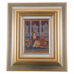 Moghul School (19th/20th century): Erotic scenes, pair watercolours unsigned 19cm x 13.5cm; Japanese School (19th/20th century): Lady's Bath House, woodcut print 13cm x 19cm (3)