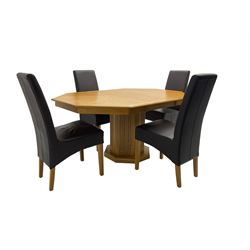 Oak octagonal extending dining table with additional leaf, octagonal pedestal base with fluting (150cm x 105cm x 76cm), and set four high back dining chairs upholstered in chocolate brown faux leather on square tapering supports (47cm x 54cm x 102cm)
