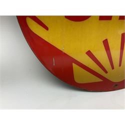 Circular enamelled red and yellow sign depicting Shell logo and text, D40cm