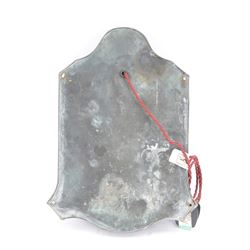 Early 20th century Arts and Crafts metal wall light or lantern, the projecting centre with three glass panels, the central panel opening on hinges, surmounted by a pointed top, upon a shaped back panel, overall H38.5cm D11cm W28cm 
