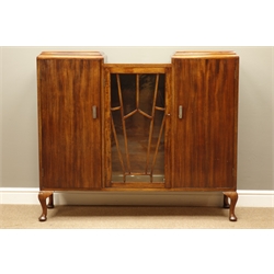  Early to mid 20th century walnut drop centre display cabinet, astragal glazed doors with cupboards, chrome handles, W130cm, H111cm, D37cm  