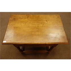  20th century light oak bobbin turned side table with single drawer, W91cm, H68cm, D57cm  