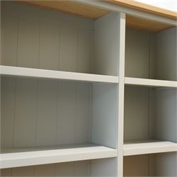 Cotswold Company - 'Chester' dresser painted dove grey with contrasting oak top, the upper rack divided into nine open shelves with panelled back, the lower section fitted with four drawers and cupboard doors enclosing storage compartments