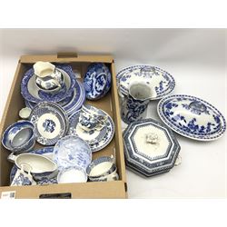 Quantity of blue and white ceramics to include 20th century bowl with painted foliate design, two Minton Delft lidded tureens, Wood & Sons 'Yuan' pattern tea wares and other blue and white ceramics