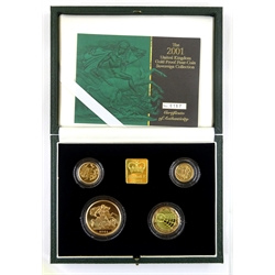  Queen Elizabeth II Royal Mint 'The 2001 United Kingdom Gold Proof Four-Coin Sovereign Collection' five pounds, two pounds, full and half sovereigns, cased with certificate, number 167/1000  