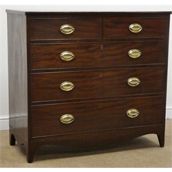  George IV mahogany chest, two short and three long drawers, original oval brass plate handles, shaped bracket supports, W110cm, H103cm, D51cm  