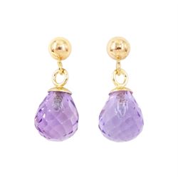 Pair of 9ct gold briolite cut amethyst pendant stud earrings, stamped 375