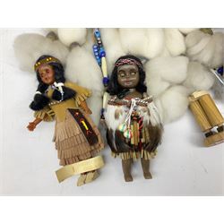 Collection of Native American sleep eye dolls to include approximately five Carlson examples, in traditional leather, beaded and fur dress, together with native style wall hanging in one box