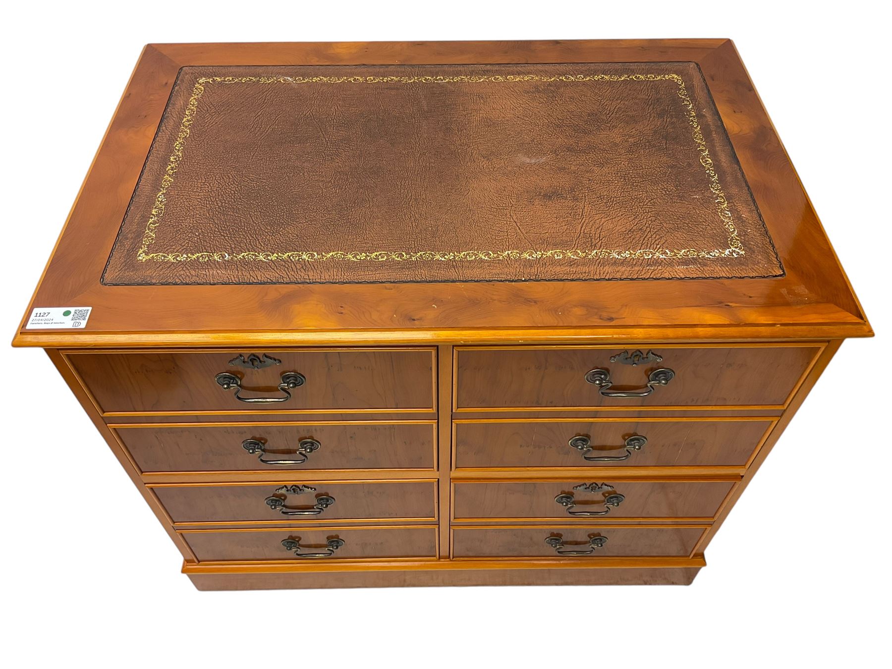Georgian design yew wood filing cabinet, moulded rectangular top with inset leather, fitted with four cock-beaded filing drawers, on skirted base