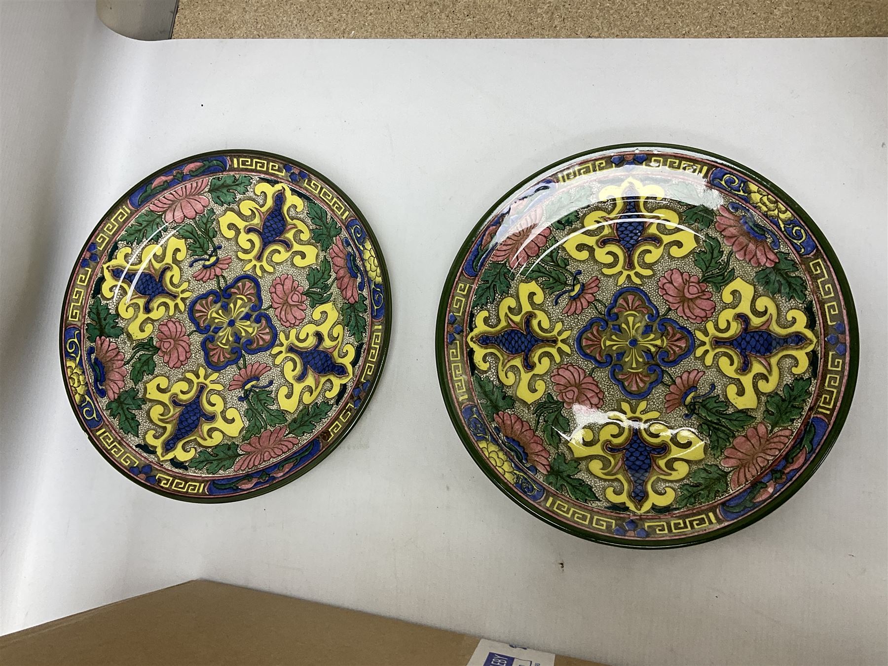 Quantity of ceramics to include Kernewek Cornwall tea wares, pair of Royal Doulton Islamic series plates, sage green Wedgwood Jasperware, Coclough tea wares, glassware etc in two boxes