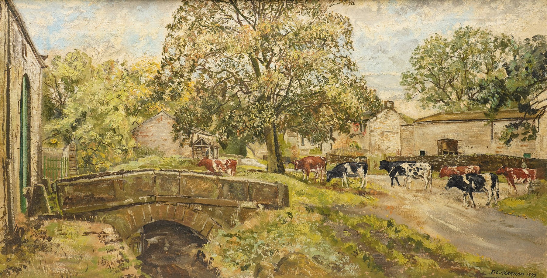 Thomas Leslie Kerkham (Yorkshire 1918-1986): Cows Roaming Over a Bridge - Dales, oil on canvas signed and dated 1972, 61cm x 114cm