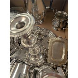 Collection of silver plated items, including trays, swing handled basket, coffee pot, candlesticks, etc