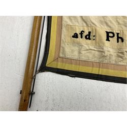WW2 Belgian Partisan/Resistance two-sided banner embroidered in black on a cream ground 'Belgische Partisanen Korps 032 afd: Ph: De Bruyne' within a Belgian flag border; on wooden pole with gilded metal lion and laurel wreath finial