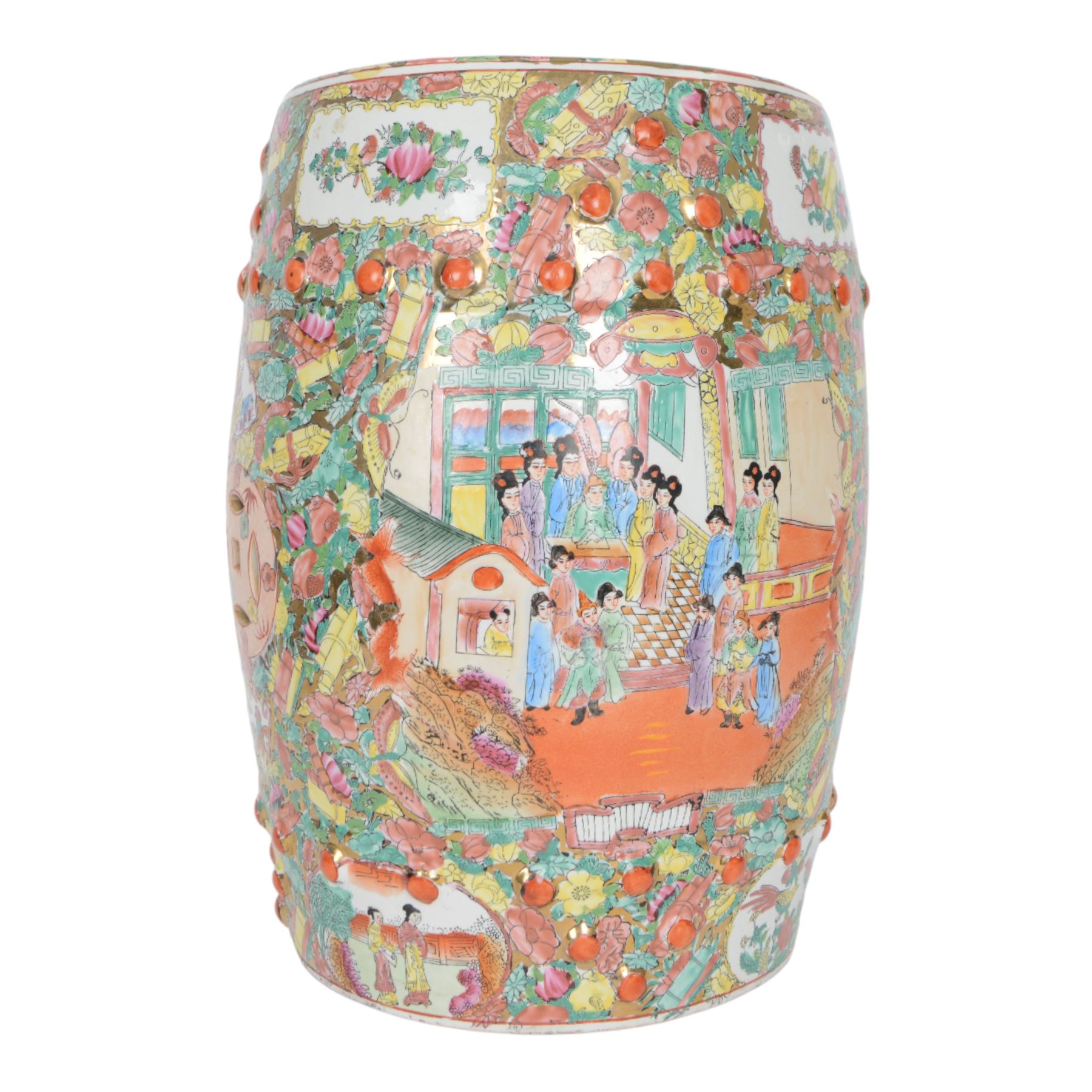  Chinese famille rose canton barrel shaped garden seat decorated with birds amongst foliage, figures and butterflies, H46cm