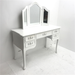 French style white finish dressing table, one long and four short drawers, cabriole legs (W121cm, H80cm, D50cm) with triple folding mirror