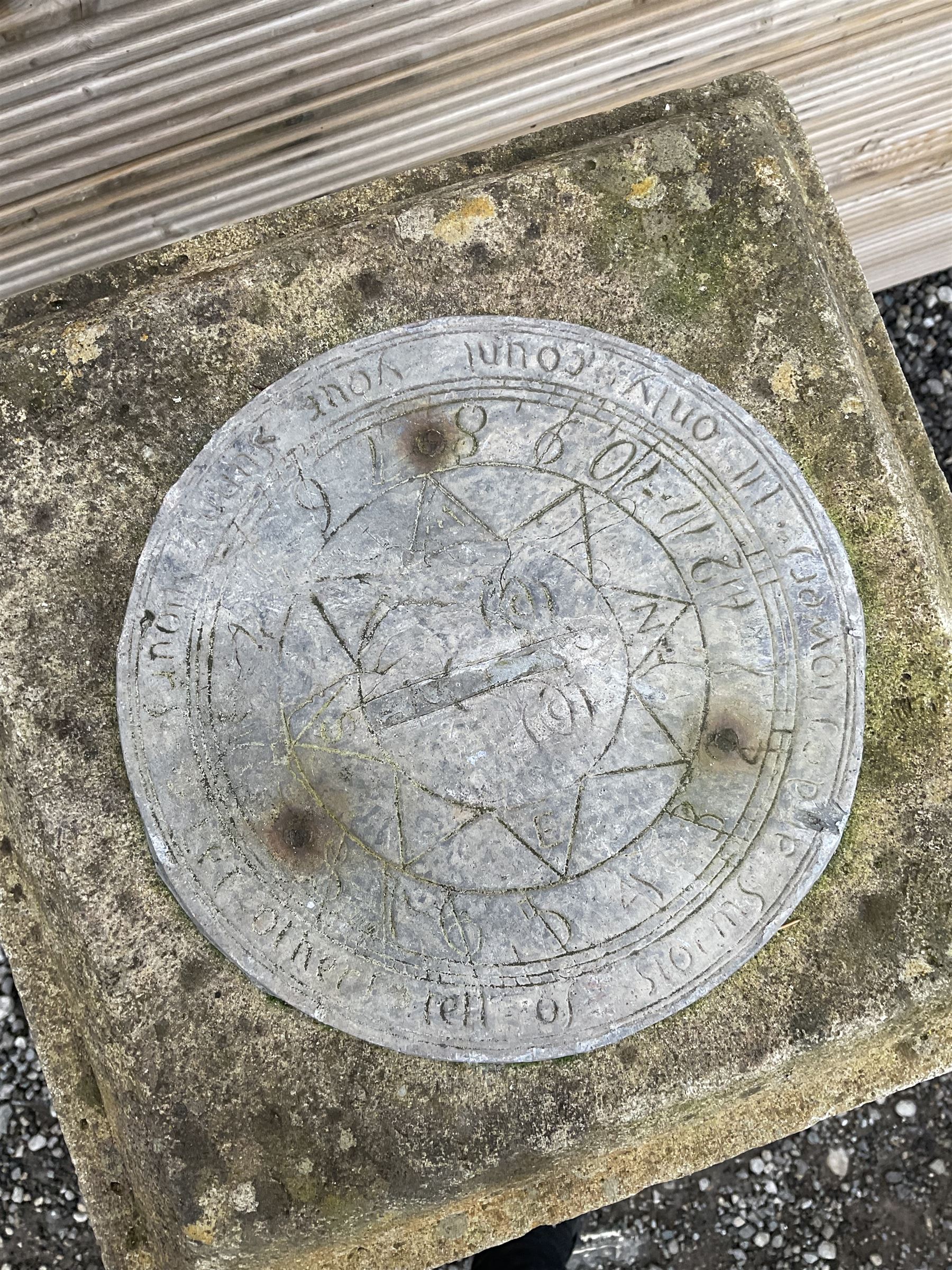 Three-piece stone sundial, on contemporary geometric design square pedestal - THIS LOT IS TO BE COLLECTED BY APPOINTMENT FROM DUGGLEBY STORAGE, GREAT HILL, EASTFIELD, SCARBOROUGH, YO11 3TX