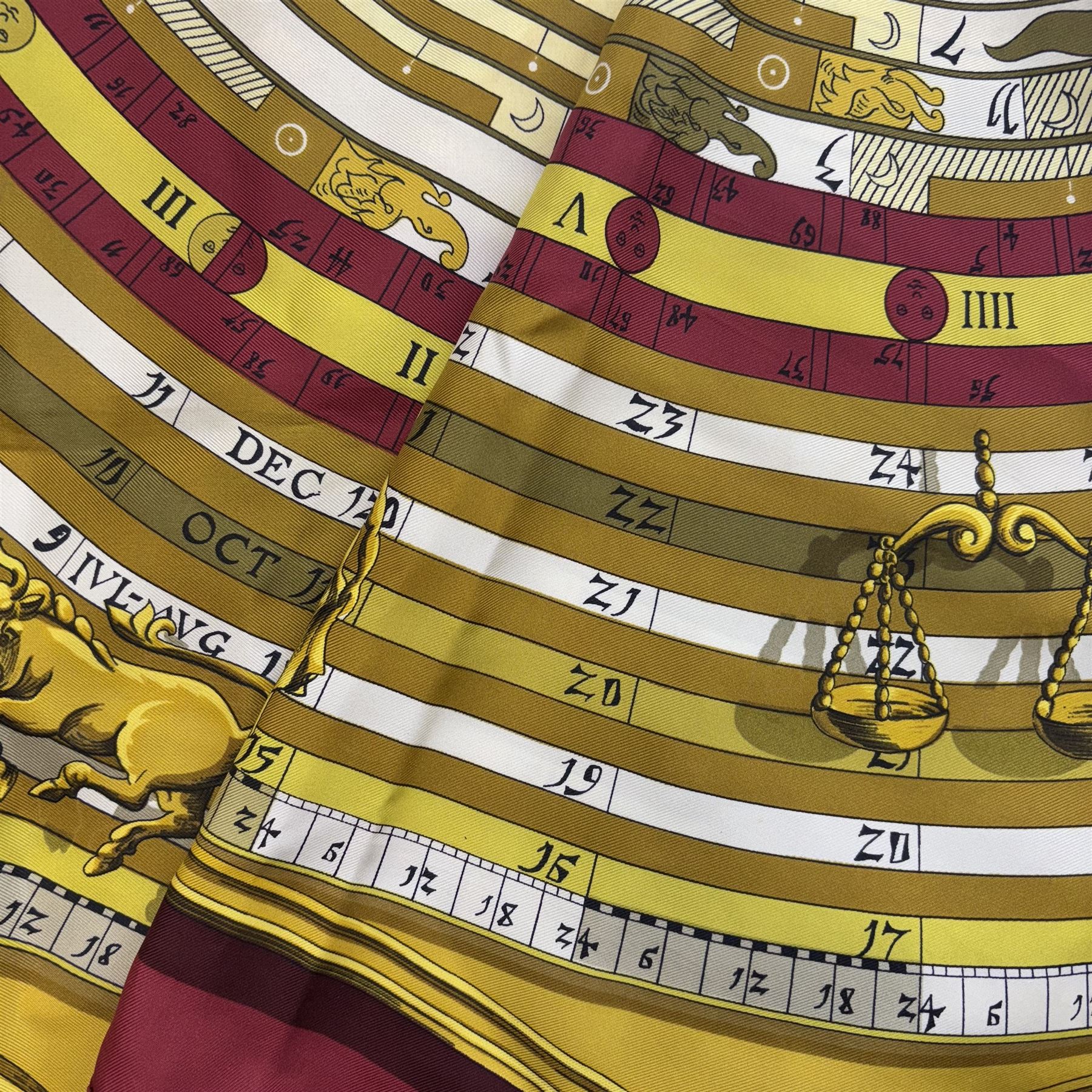 Hermes Astrologie Dies et Hore silk scarf, in red and yellow colourway, by Francoise Faconnet, 90cm x 90cm