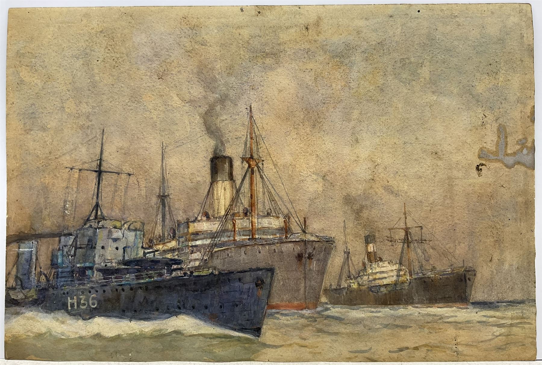 William J Mann (Scarborough mid 20th century): Steam Trawlers by the Fish Quay Scarborough, watercolour signed and dated '49, with a study of shipping verso 30cm x 45cm
Notes: Mann was a member of the Fylingdales Group of Artists and lived in Newby, Scarborough.