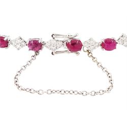 18ct white gold ruby and diamond bracelet, fifteen oval cabochon cut rubies, each spaced by four round brilliant cut diamonds, Sheffield 2009, total ruby weight 10.10 carat, total diamond weight approx 0.60 carat