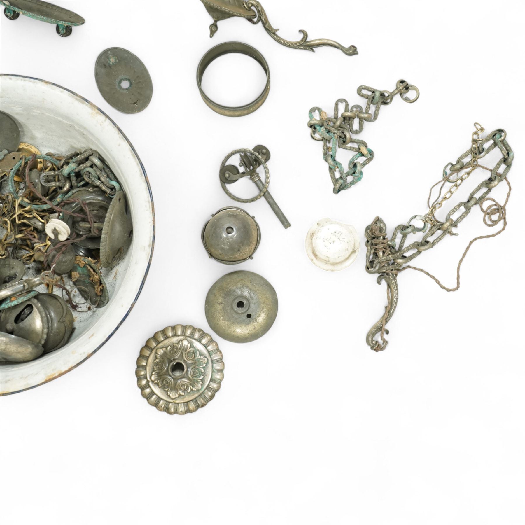 *Large collection of 19th century and later metal fittings, to include silver plated ceiling and light types, handles and castors, ornate chains and other architectural type fittings (qty)From the Kirkham Hall Attic & Cellar Collection, sold without reserve