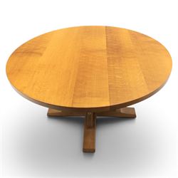 Mouseman - circular adzed oak circular dining table, on quatriform base with carved mouse signature, by the workshop of Robert Thompson of Kilburn