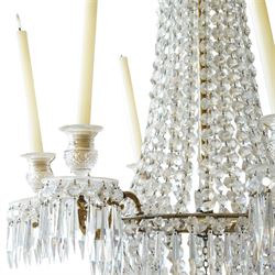 Regency Country House cut-glass and ormolu six light chandelier, the outer shaft with ormolu foliate moulding hung with octagonal and drop pendants, the impressive central shaft with cascading drops of cut-glass, the scroll branches with hob-nail cut candle holders and wax pans, with central similarly cut terminal
Provenance: property of a nobleman
