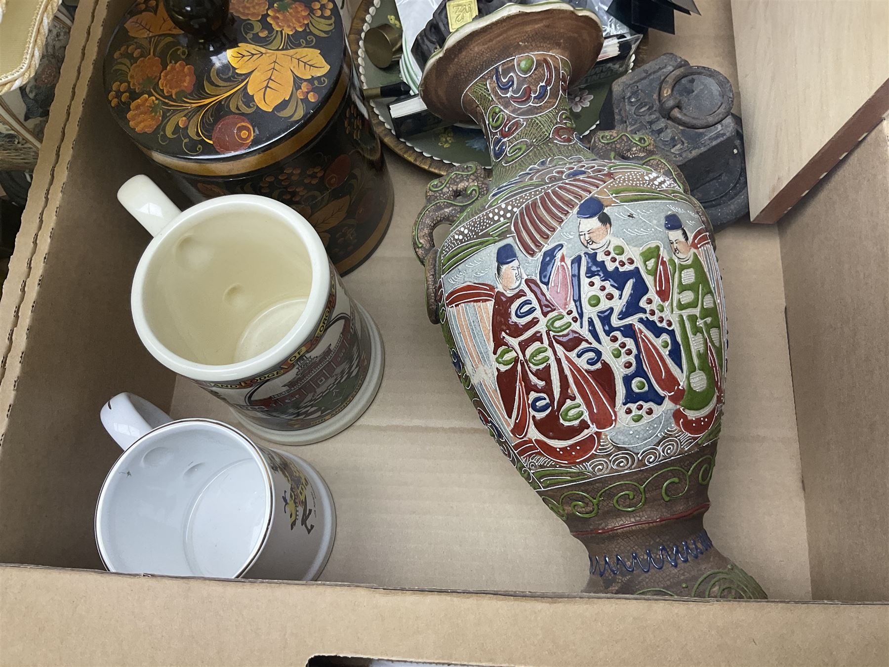 Set of metal weighing scales, pair of Chinese style ceramic table lamps, blue and white ceramics, oriental ceramics and a collection of other glassware, metal ware and collectables, in five boxes 