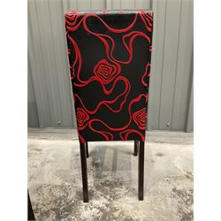 Thirteen high back restaurant dining chairs, upholstered in black faux leather with red embossed velvet - THIS LOT IS TO BE COLLECTED BY APPOINTMENT FROM DUGGLEBY STORAGE, GREAT HILL, EASTFIELD, SCARBOROUGH, YO11 3TX