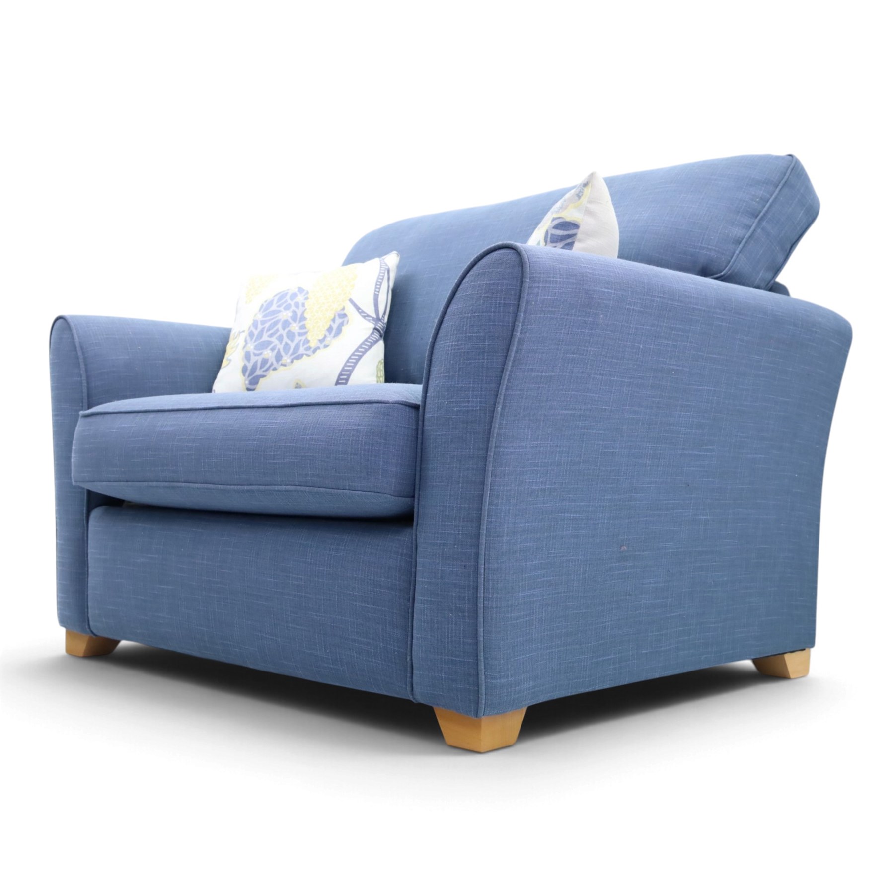 Contemporary blue small sofa bed, shaped arms with loose seat cushions, stowed bed beneath, raised on light wood feet