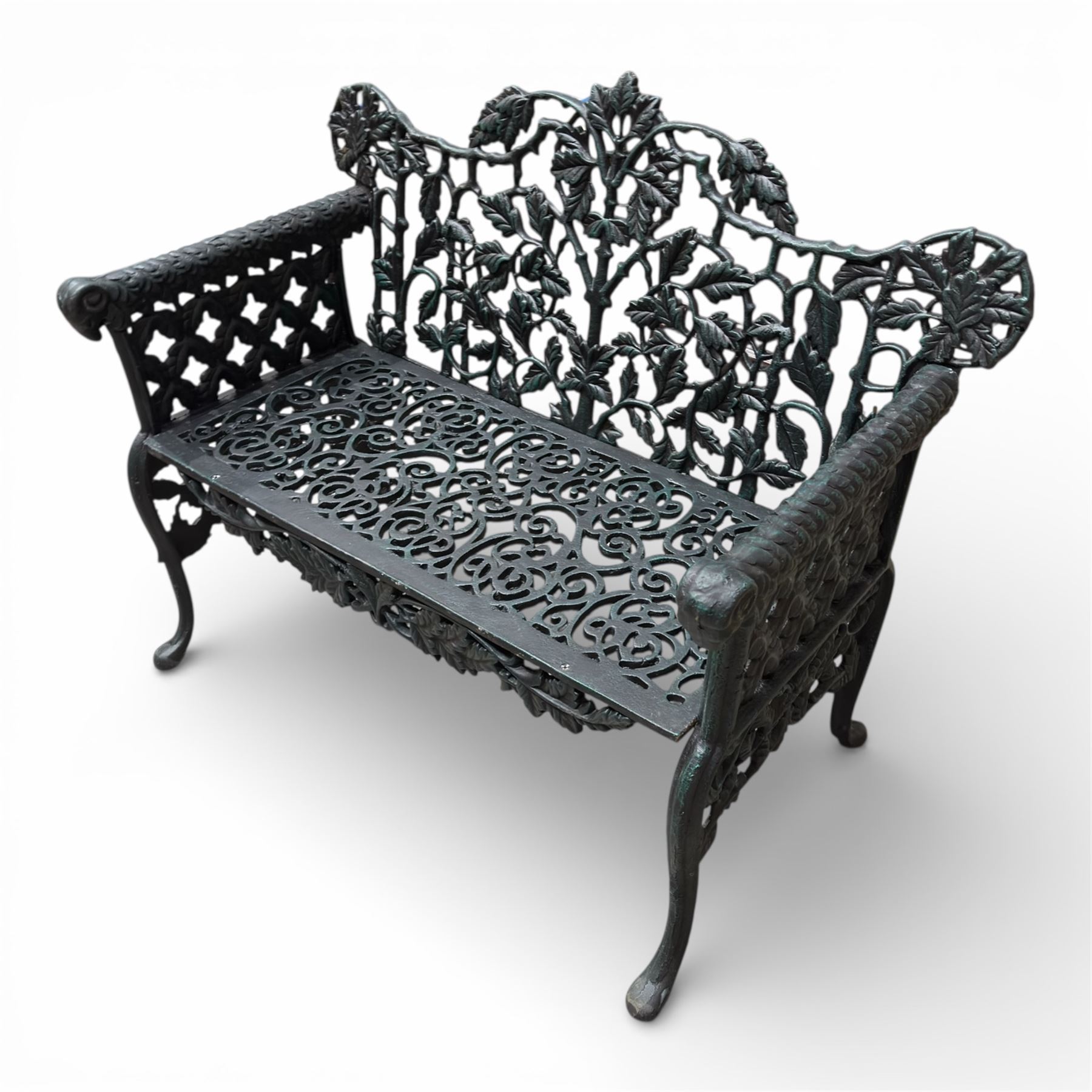 Coalbrookdale style - cast iron garden bench, with pierced foliate back, rams head arms, raised on cabriole legs, finished in green paint.