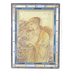 Two stained glass leaded panels each decorated with birds in foliate to to the centre, together with another panel with a female figure to the central panel, largest L78cm, H53cm