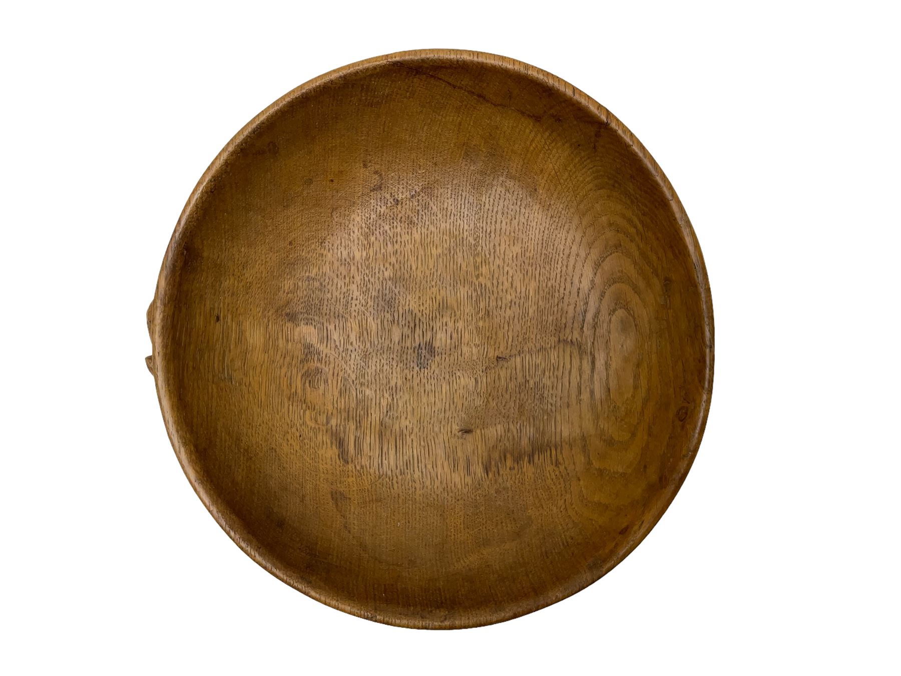 Mouseman - oak fruit bowl, the adzed exterior with carved mouse signature, by the workshop of Robert Thompson, Kilburn, D26cm