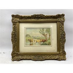 William Sidney Cooper (British 1854-1927): Cattle Watering, watercolour signed and dated 1925, 12cm x 18cm 
