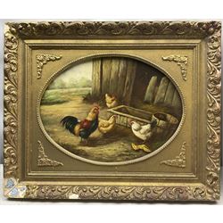 English School (Early 20th Century): Chickens Feeding, pair oil on board one signed 'H Hopper' the other indistinctly signed, max 30cm x 40cm (2)