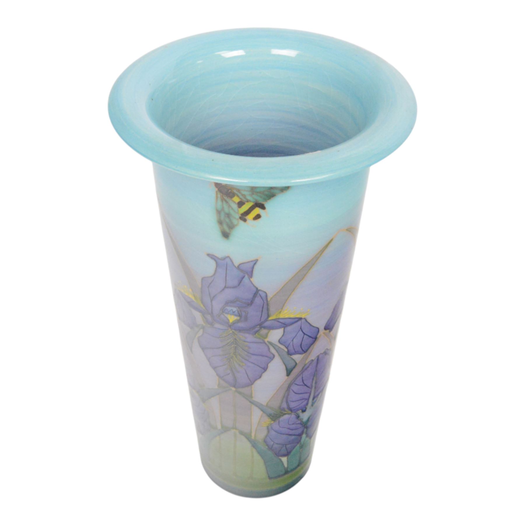 Dennis Chinaworks, Iris vase, by Sally Tuffin, dated 2002, cylindrical form with flared rim, decorated with irises and bees upon blue green ground, signed and stamped beneath, H29cm
